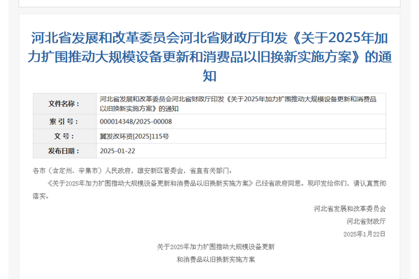 河北省2025年加力擴(kuò)圍推動大規(guī)模設(shè)備更新和消費品以舊換新實施方案發(fā)布
